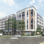 Berkeley Adult School, workforce housing rendering, exterior quarter angle alternate view